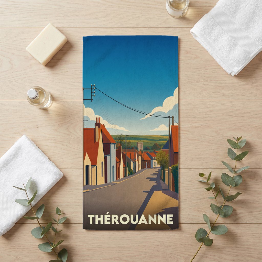 Serviette de bain souvenir de la ville de Thérouanne avec une illustration stylisée d'une rue pittoresque.