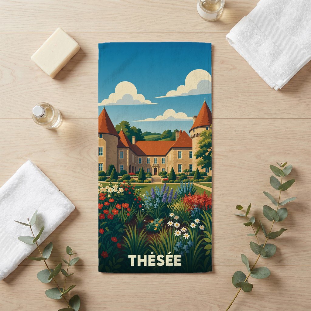 Serviette de bain souvenir de la ville de Thésée avec une illustration stylisée d'un château et son jardin.