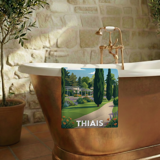 Serviette de bain souvenir de la ville de Thiais avec une illustration stylisée d'un parc paysager.