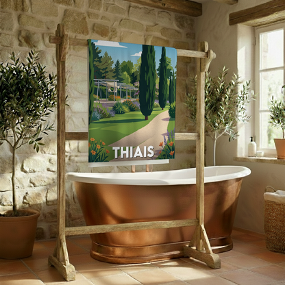 Serviette de bain souvenir de la ville de Thiais avec une illustration stylisée.