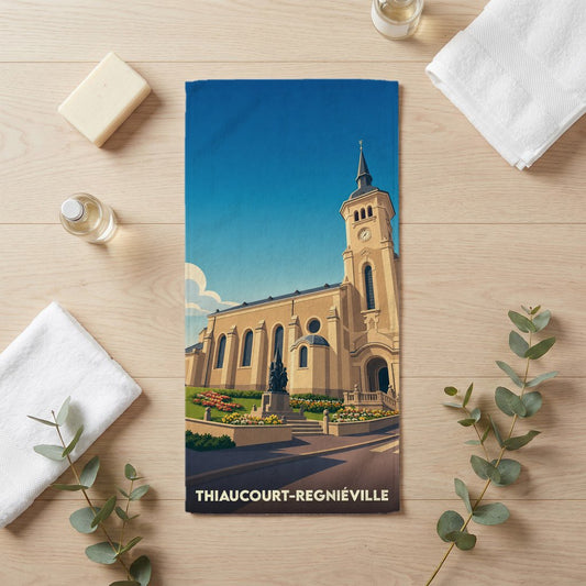 Serviette de bain souvenir de Thiaucourt-Regniéville illustrée d'une église et de son clocher.