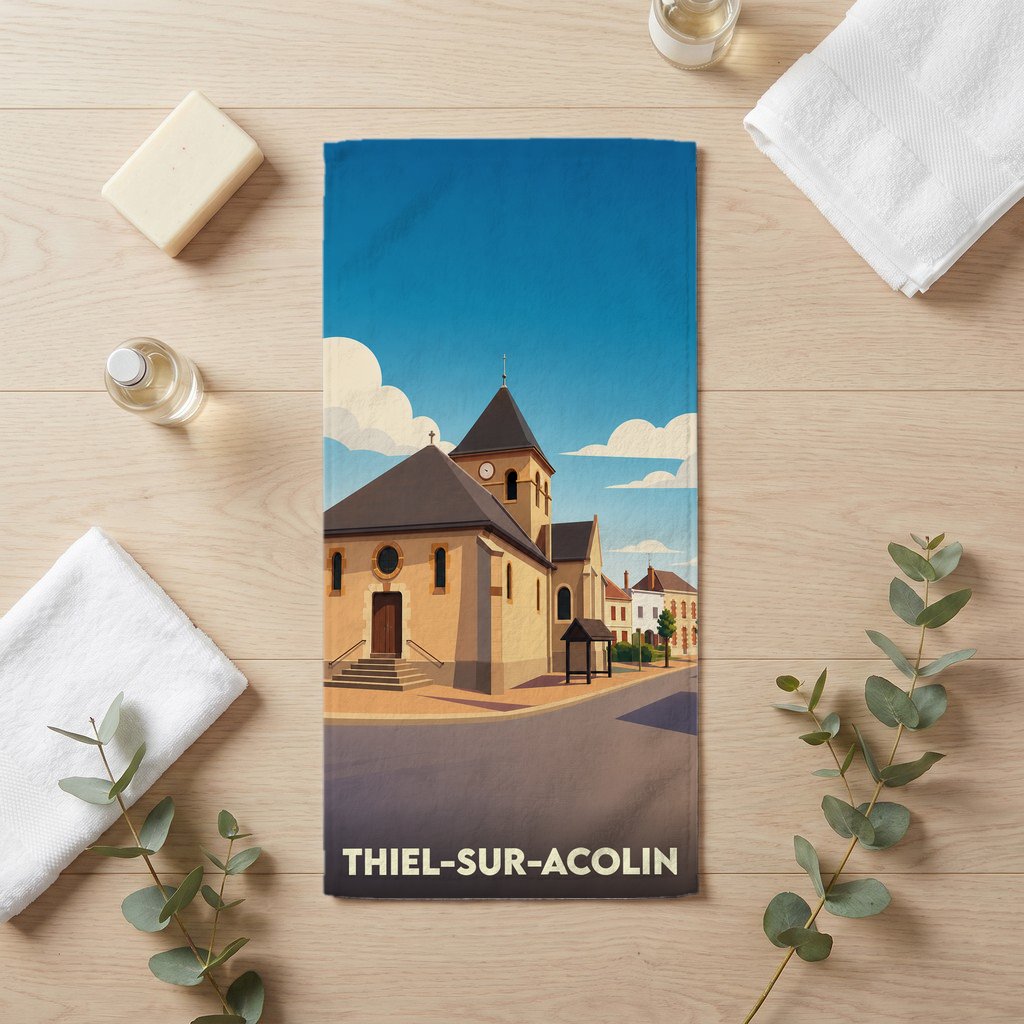 Serviette souvenir de la ville de Thiel-sur-Acolin avec une illustration stylisée de son église.