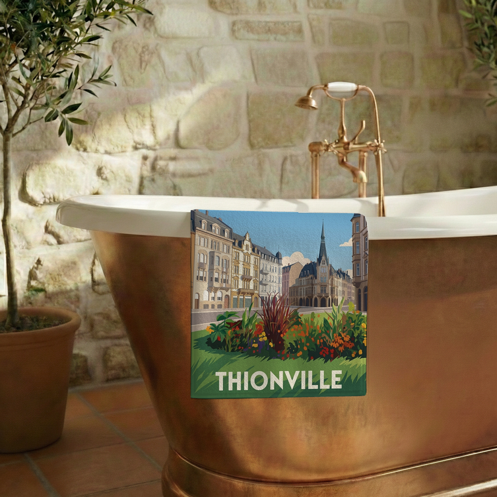 Serviette de bain souvenir de la ville de Thionville avec une illustration stylisée.