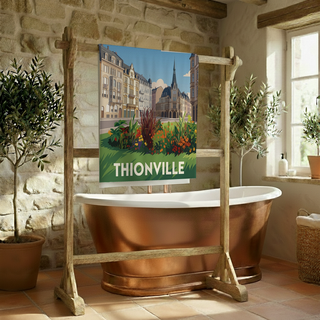 Serviette de bain souvenir de la ville de Thionville avec une illustration stylisée.