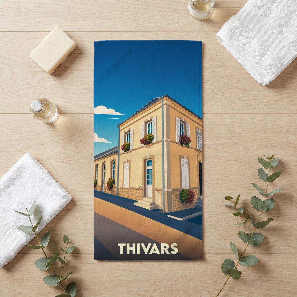 Serviette de bain souvenir de la ville de Thivars avec une illustration stylisée d'un bâtiment fleuri.