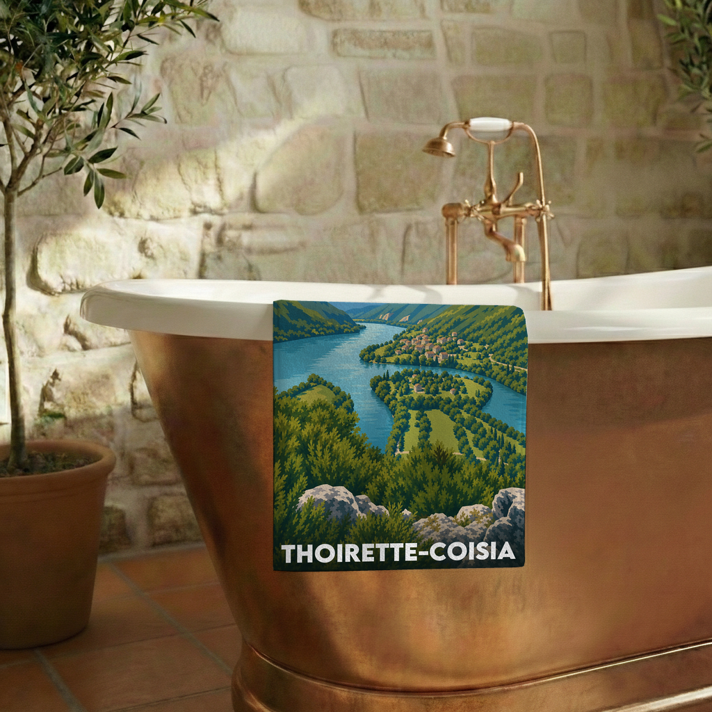 Serviette de bain souvenir de la ville de Thoirette-Coisia avec une illustration stylisée de son paysage.