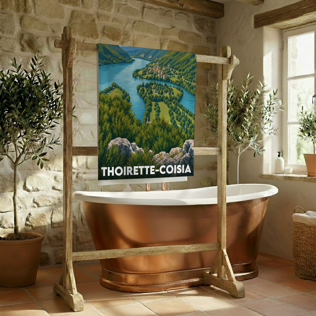Serviette de bain souvenir de Thoirette-Coisia avec une illustration stylisée de paysage.