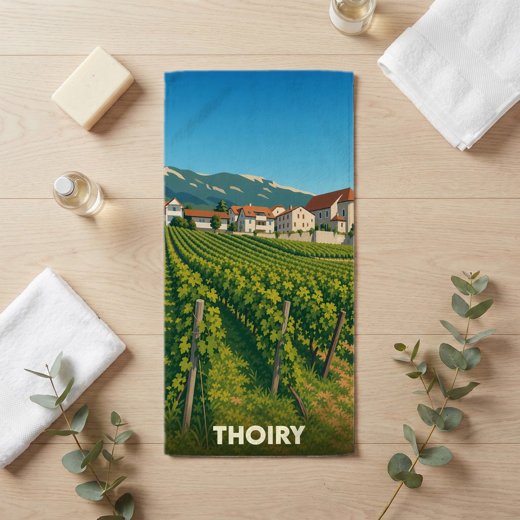 Serviette de bain souvenir de la ville de Thoiry avec une illustration stylisée d'un vignoble au pied des montagnes.