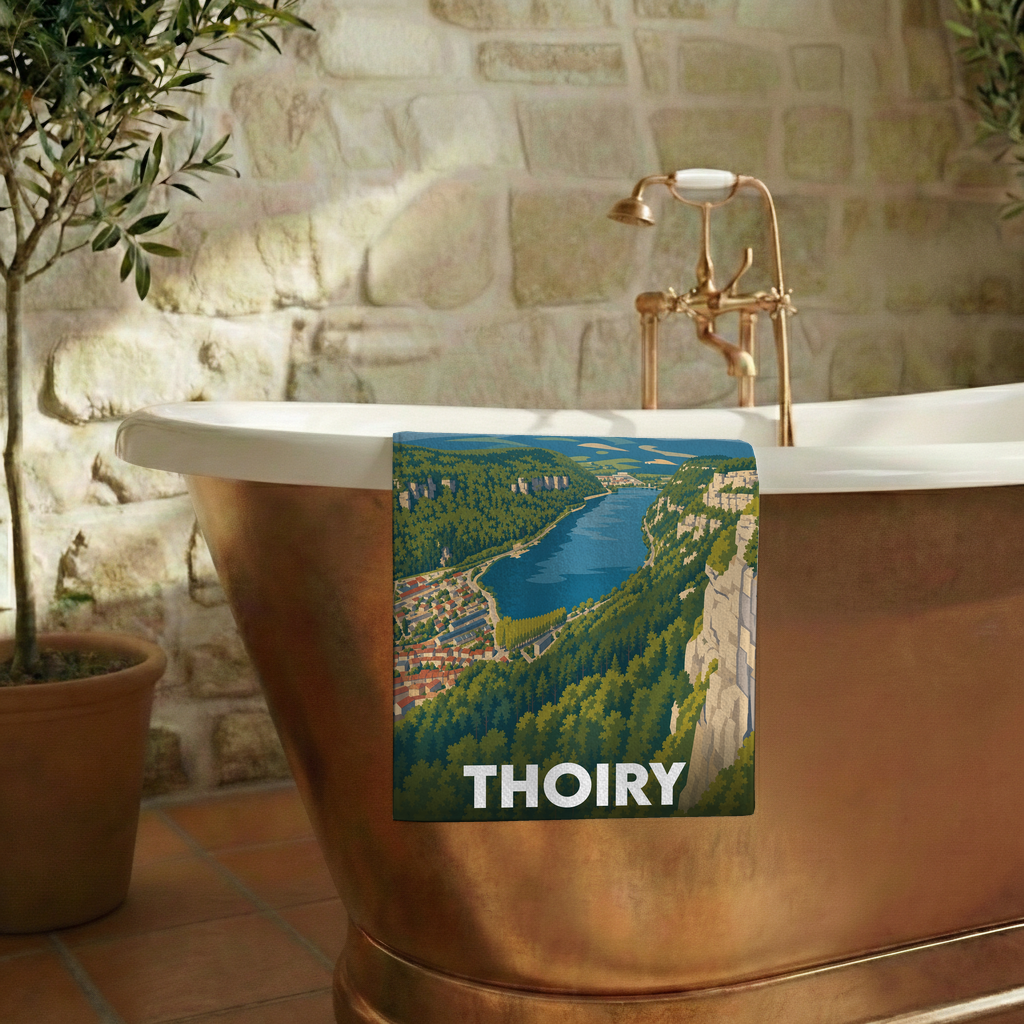 Serviette de bain souvenir de la ville de Thoiry avec une illustration stylisée de son paysage.