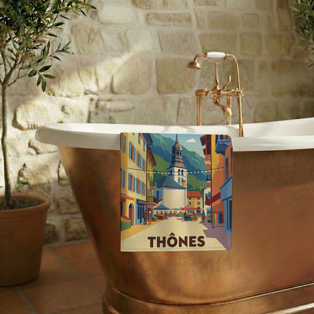 Serviette de bain souvenir de la ville de Thônes avec une illustration stylisée d'une rue animée.