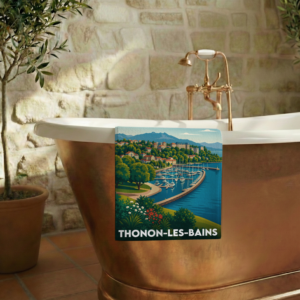 Serviette de bain souvenir de la ville de Thonon-les-Bains avec une illustration stylisée de son port.