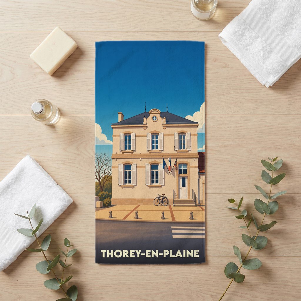 Serviette de bain souvenir de Thorey-en-Plaine avec une illustration stylisée de la mairie sous un ciel bleu.