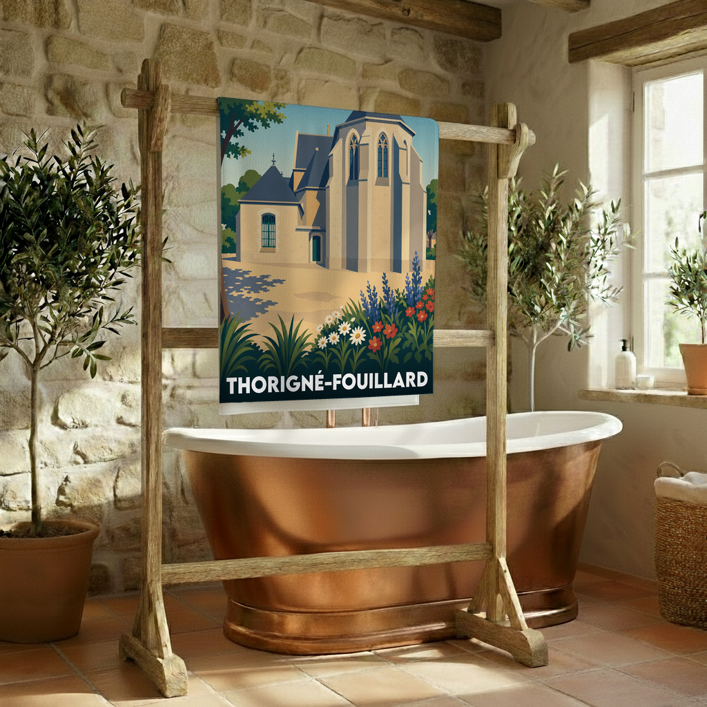 Serviette de bain souvenir de la ville de Thorigné-Fouillard avec une illustration stylisée de son église.