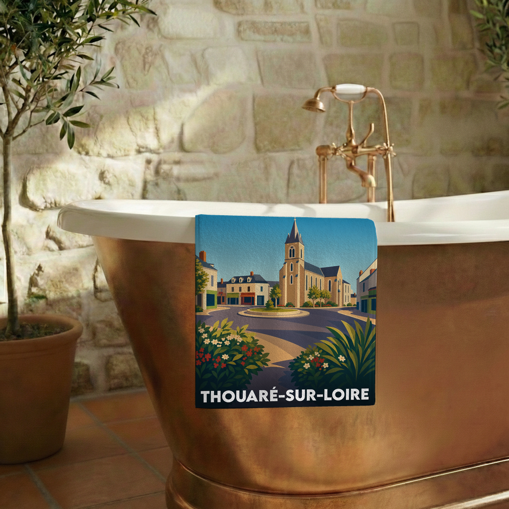 Serviette de bain souvenir de la ville de Thouaré-sur-Loire avec une illustration stylisée.