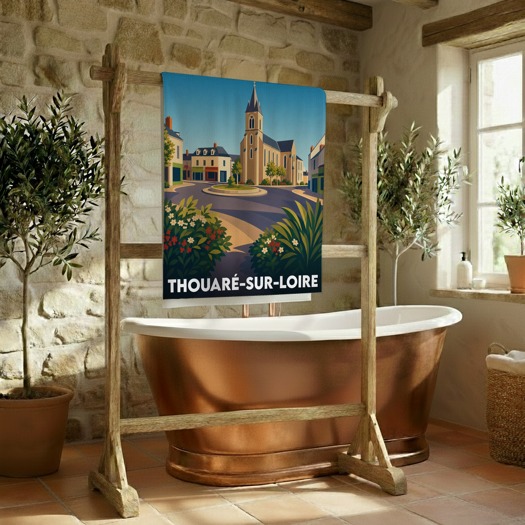 Serviette de bain souvenir de la ville de Thouaré-sur-Loire avec une illustration stylisée d'une place de village.