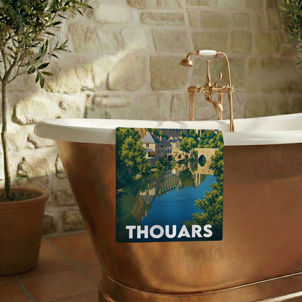 Serviette de bain souvenir de la ville de Thouars avec une illustration stylisée.