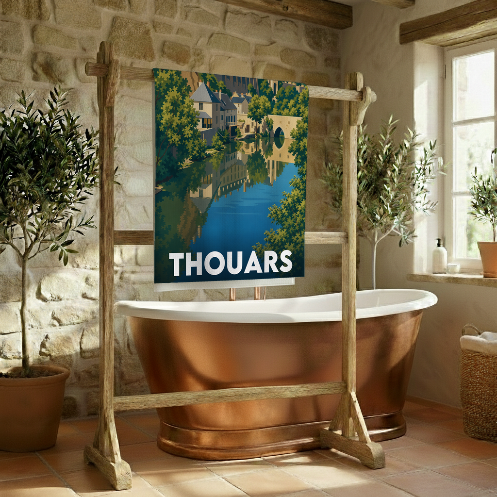Serviette de bain souvenir de la ville de Thouars avec une illustration stylisée.