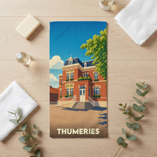 Serviette de bain souvenir de la ville de Thumeries avec une illustration stylisée.