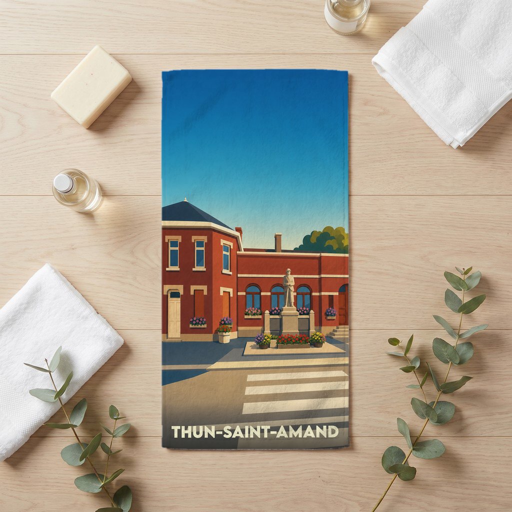 Serviette de bain souvenir de la ville de Thun-Saint-Amand avec une illustration stylisée de sa mairie.
