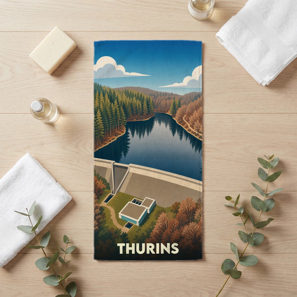 Serviette de bain souvenir de la ville de Thurins avec une illustration stylisée d'un barrage et de sa retenue d'eau.