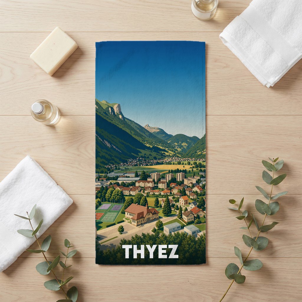 Serviette de bain souvenir de la ville de Thyez avec une illustration panoramique de la vallée et des montagnes.