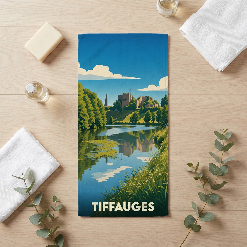 Serviette de bain souvenir de la ville de Tiffauges avec une illustration stylisée d'un château au bord de l'eau.