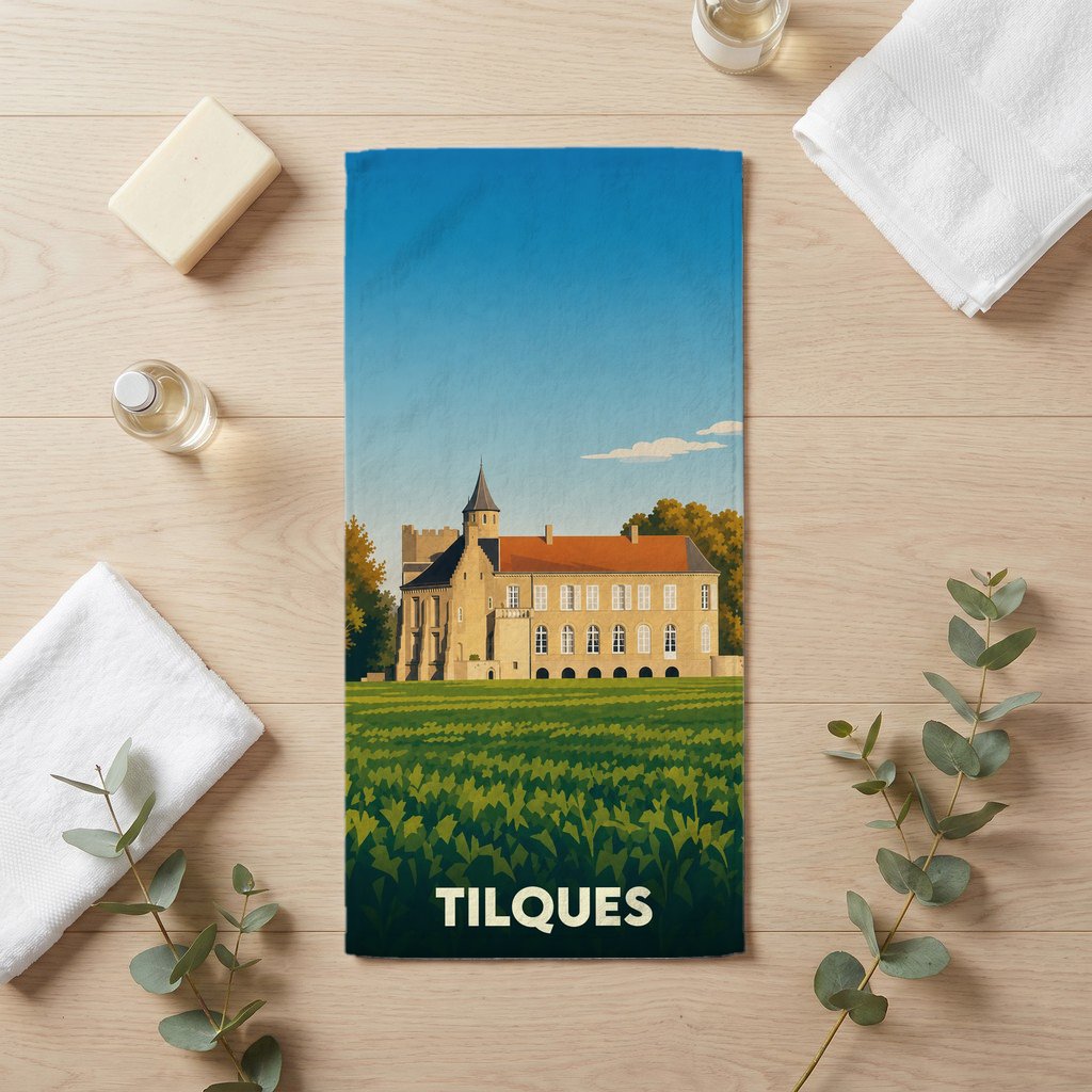 Serviette de bain souvenir de la ville de Tilques avec une illustration stylisée.