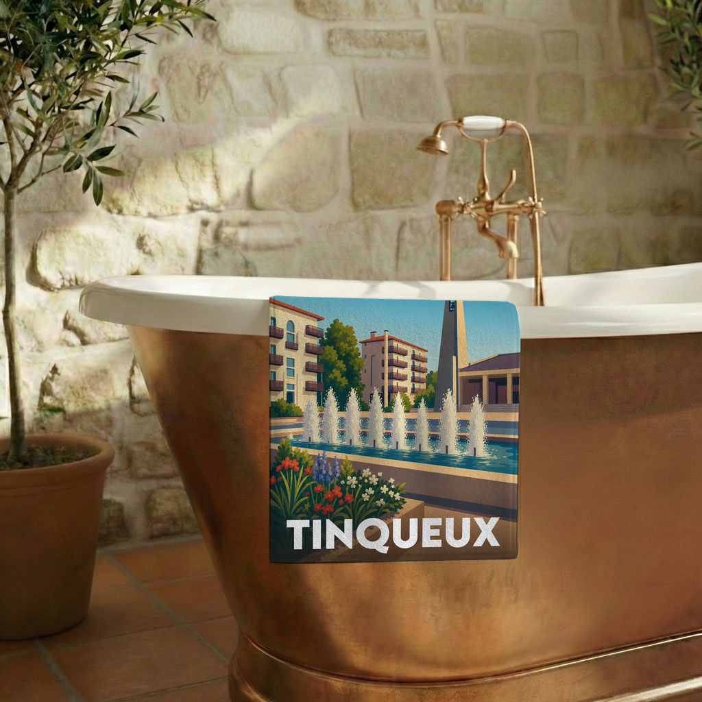 Serviette de bain souvenir de la ville de Tinqueux avec une illustration stylisée.