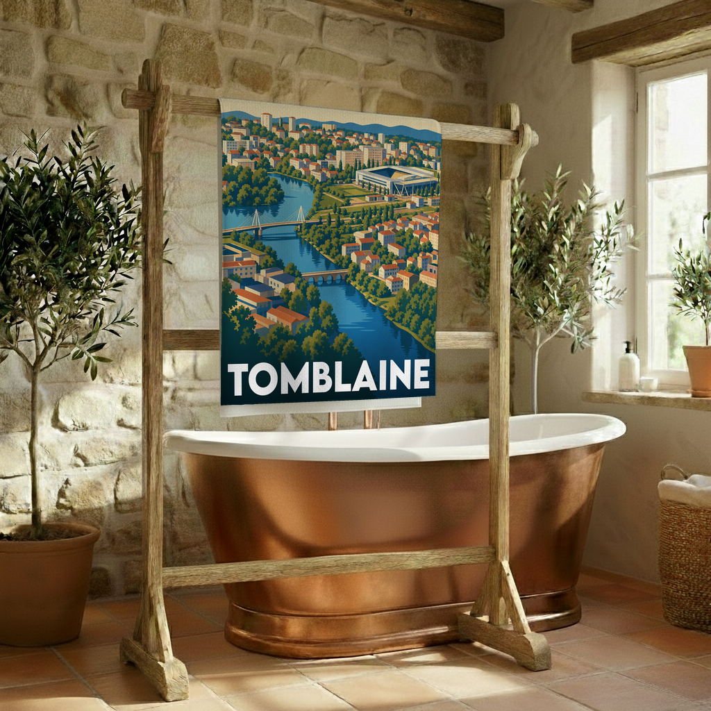 Serviette de bain souvenir de la ville de Tomblaine avec une illustration stylisée.