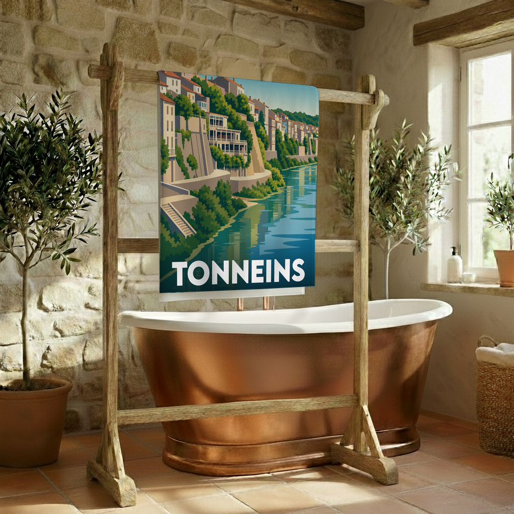 Serviette de bain souvenir de la ville de Tonneins avec une illustration stylisée des quais de la Garonne.