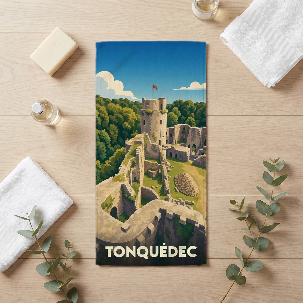 Serviette de bain souvenir de la ville de Tonquédec avec une illustration stylisée d'un château médiéval.