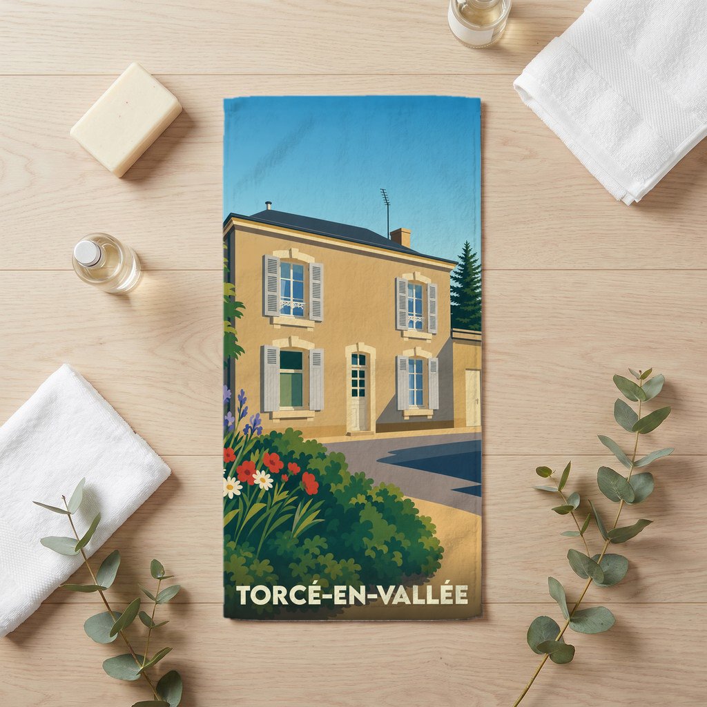 Serviette de bain souvenir de la ville de Torcé-en-Vallée avec une illustration stylisée d'une maison traditionnelle.