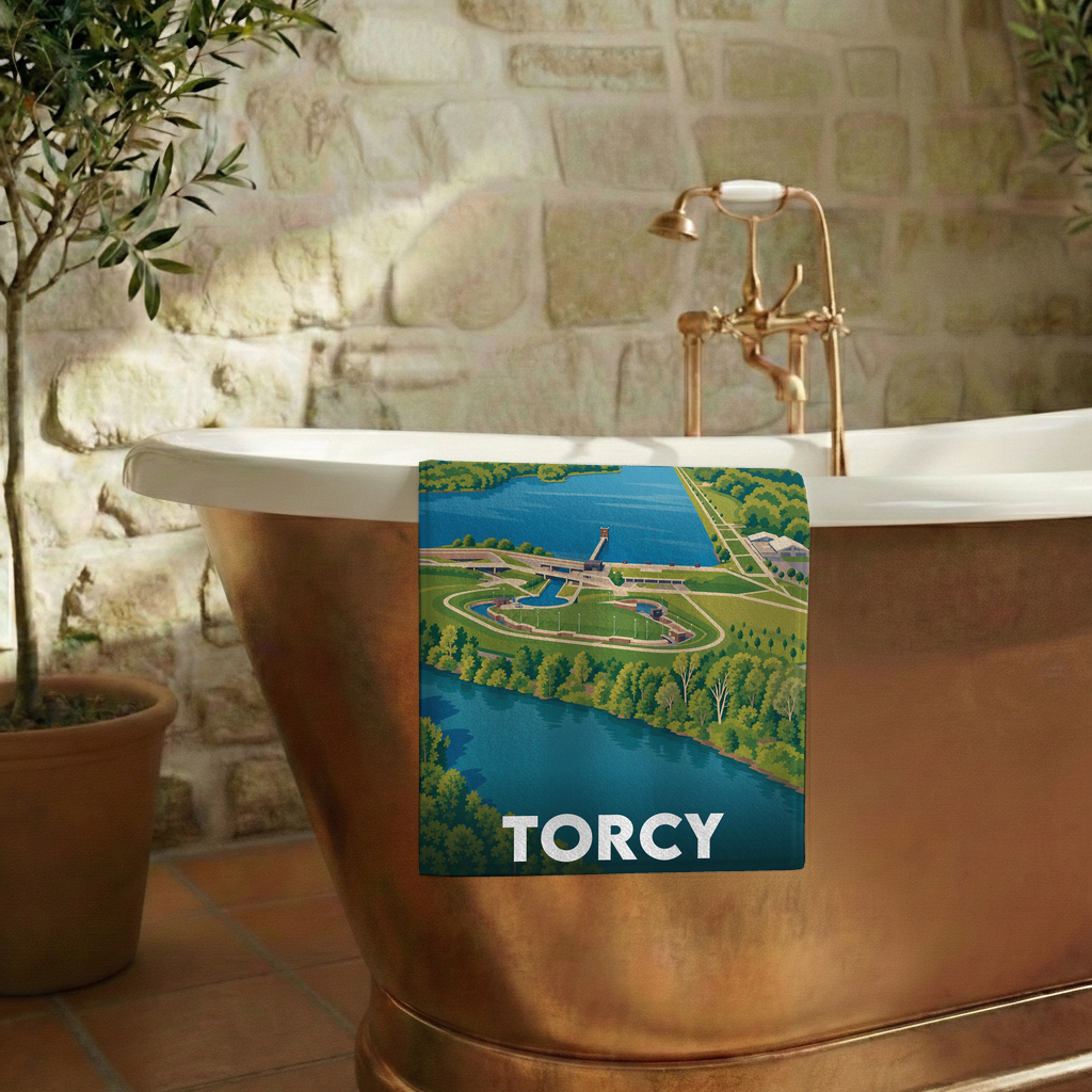 Serviette de bain souvenir de la ville de Torcy avec une illustration stylisée.