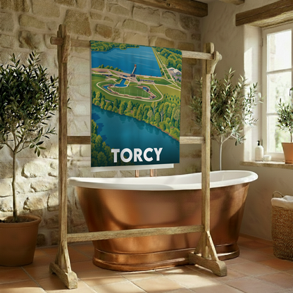 Serviette de bain souvenir de la ville de Torcy avec une illustration stylisée.