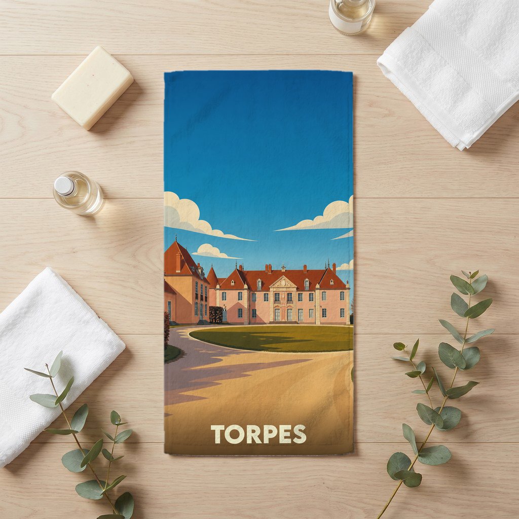 Serviette de bain souvenir de la ville de Torpes avec une illustration stylisée d'un château.