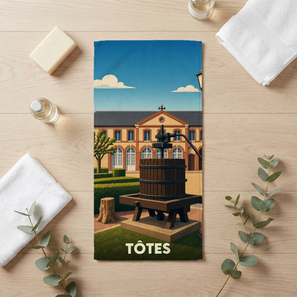 Serviette de bain souvenir de la ville de Tôtes illustrée d'un pressoir à cidre devant un bâtiment historique.