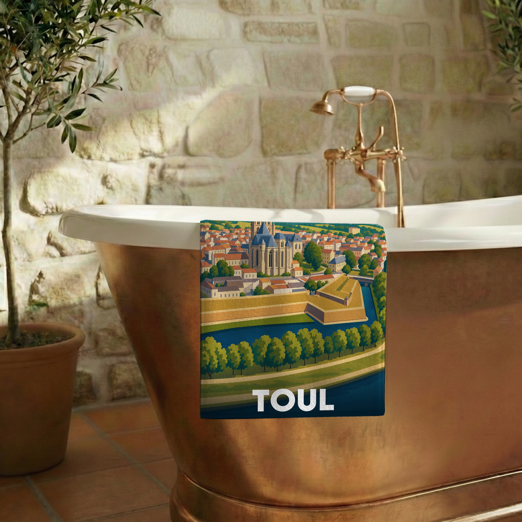 Serviette de bain souvenir de la ville de Toul avec une illustration stylisée.