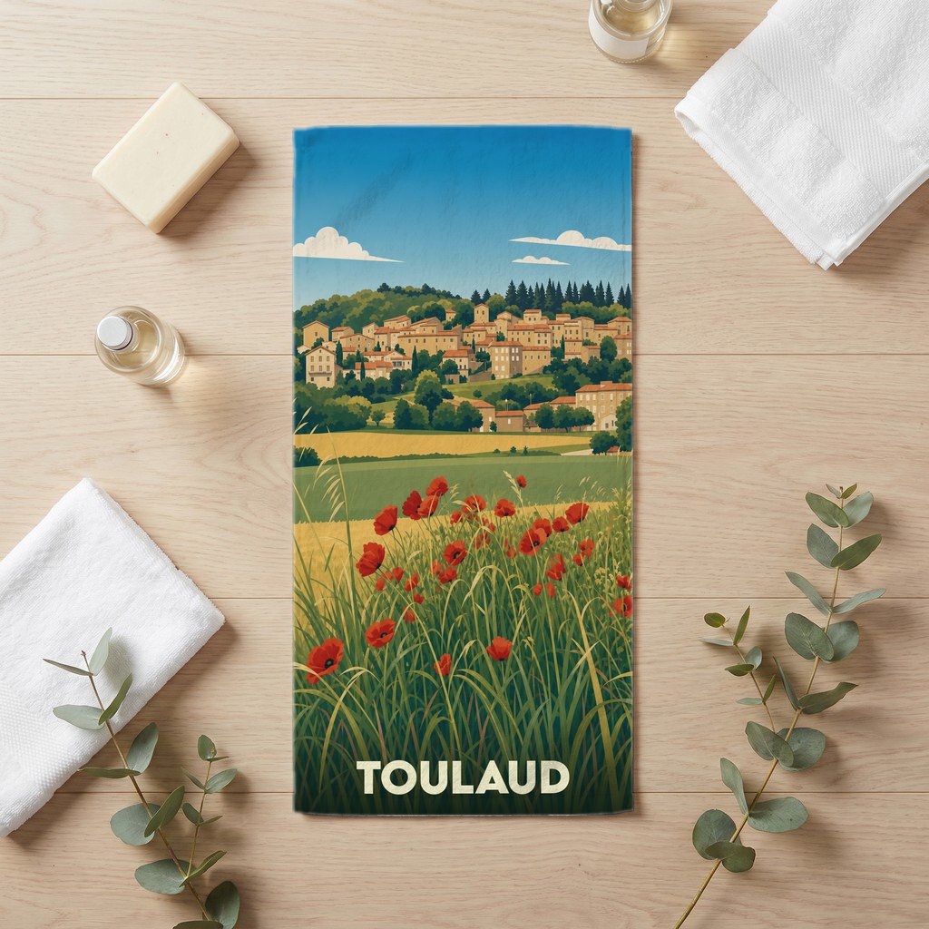 Serviette de bain souvenir de la ville de Toulaud avec une illustration stylisée d'un paysage provençal.