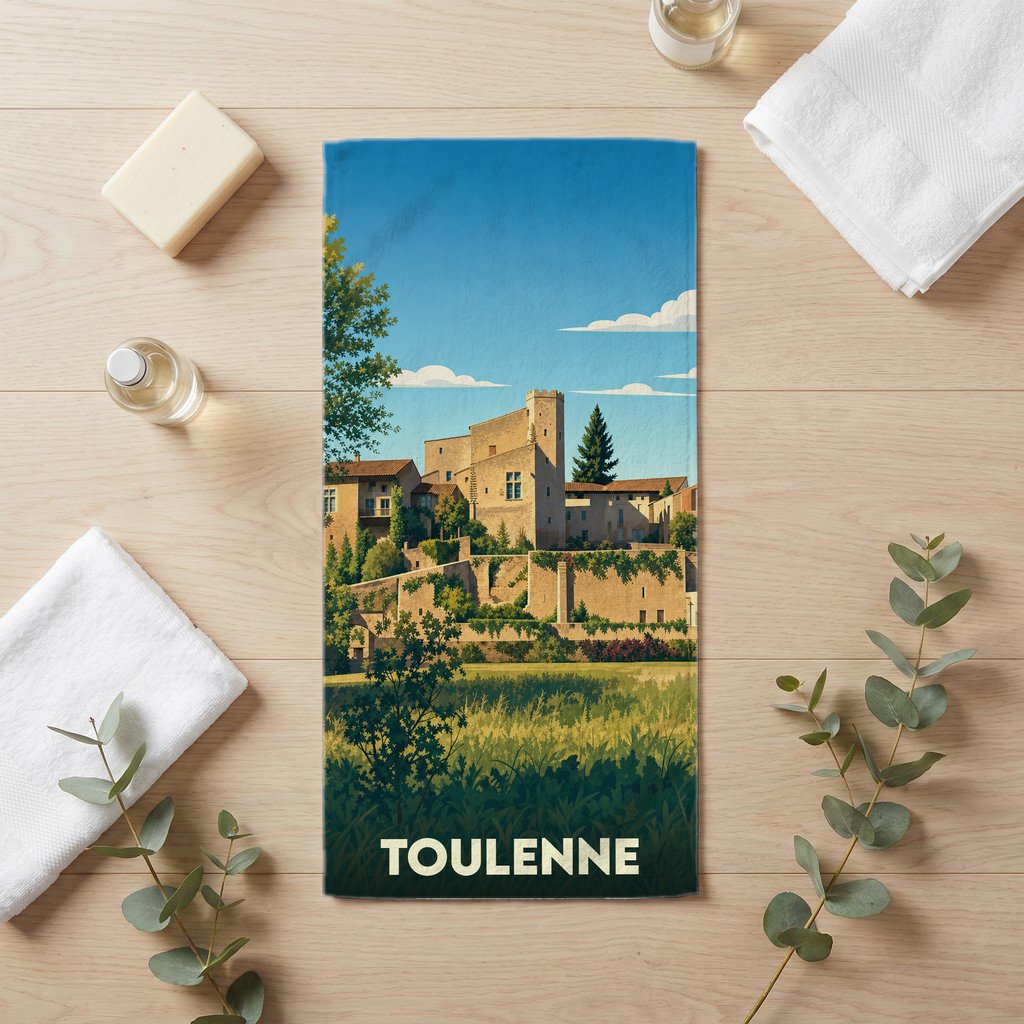 Serviette de bain souvenir de la ville de Toulenne avec une illustration stylisée de son paysage urbain.
