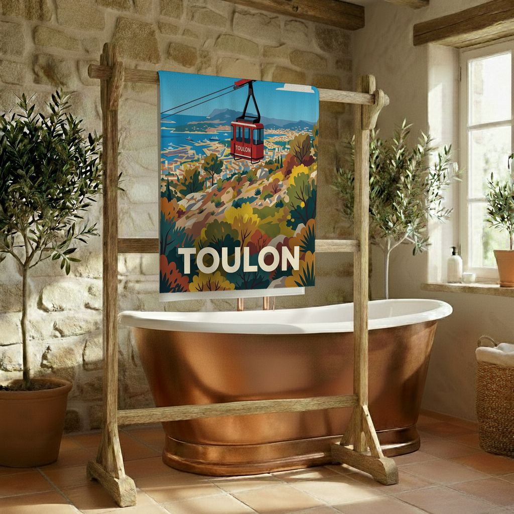 Serviette de bain souvenir de la ville de Toulon avec une illustration stylisée.