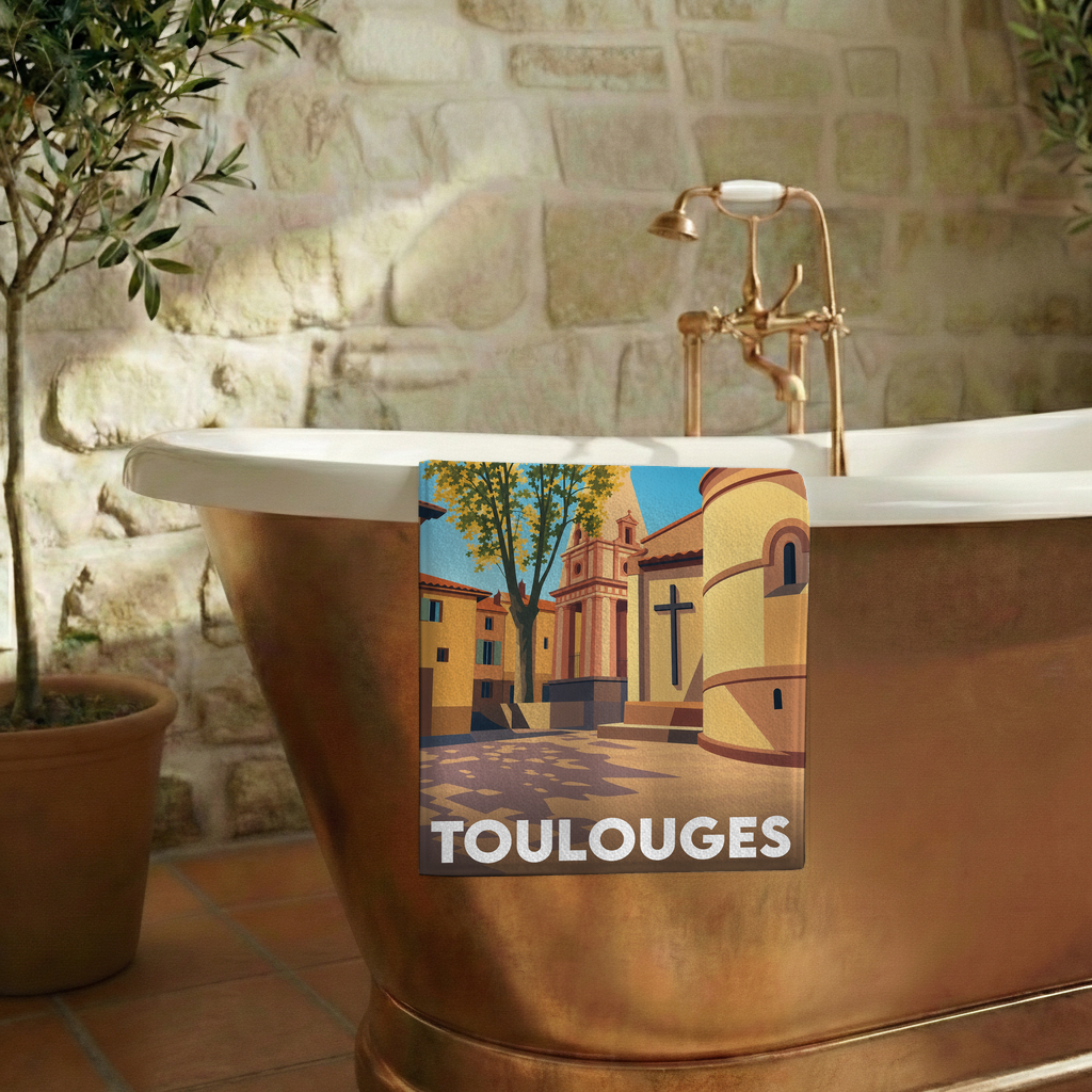 Serviette de bain souvenir de la ville de Toulouges avec une illustration stylisée.