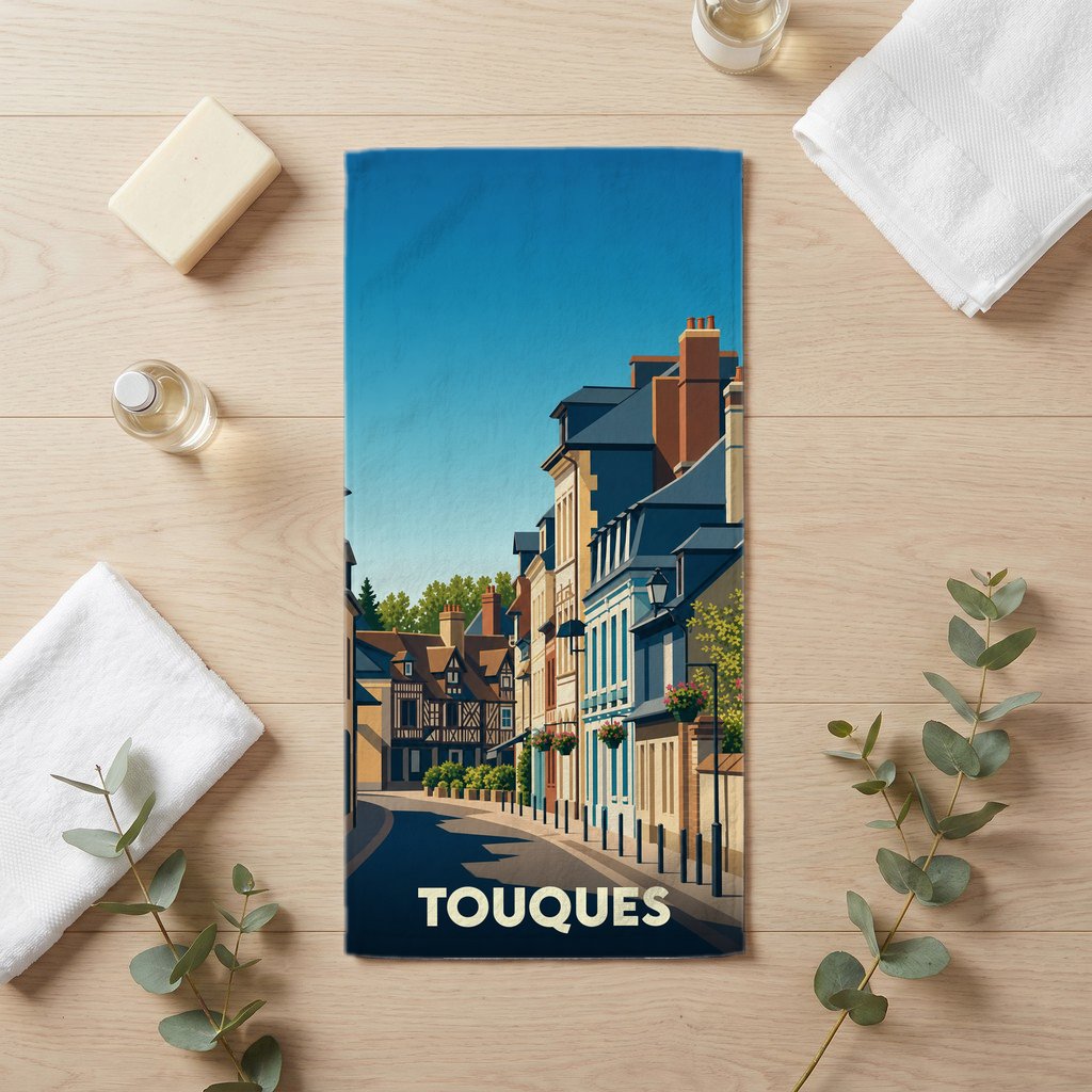 Serviette de bain souvenir de la ville de Touques avec une illustration stylisée de ses rues et façades typiques.