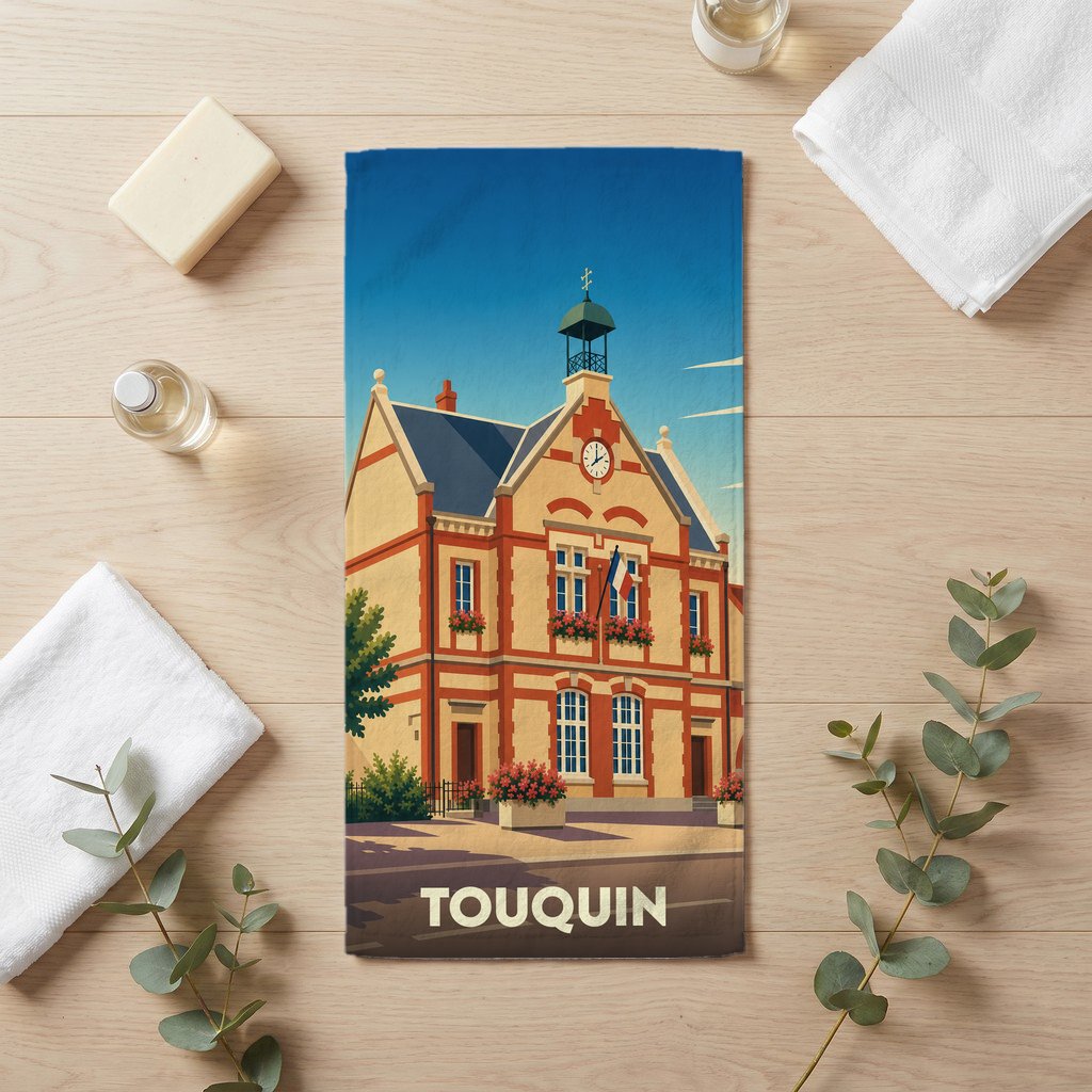 Serviette de bain souvenir de la ville de Touquin avec une illustration stylisée de sa mairie.