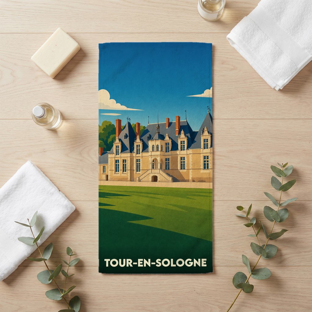 Serviette de bain souvenir de Tour-en-Sologne avec une illustration stylisée du château de Villesavin.
