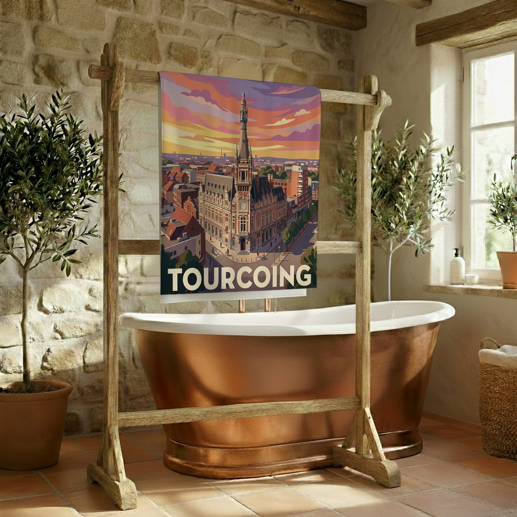 Serviette de bain souvenir de la ville de Tourcoing avec une illustration stylisée de son hôtel de ville.