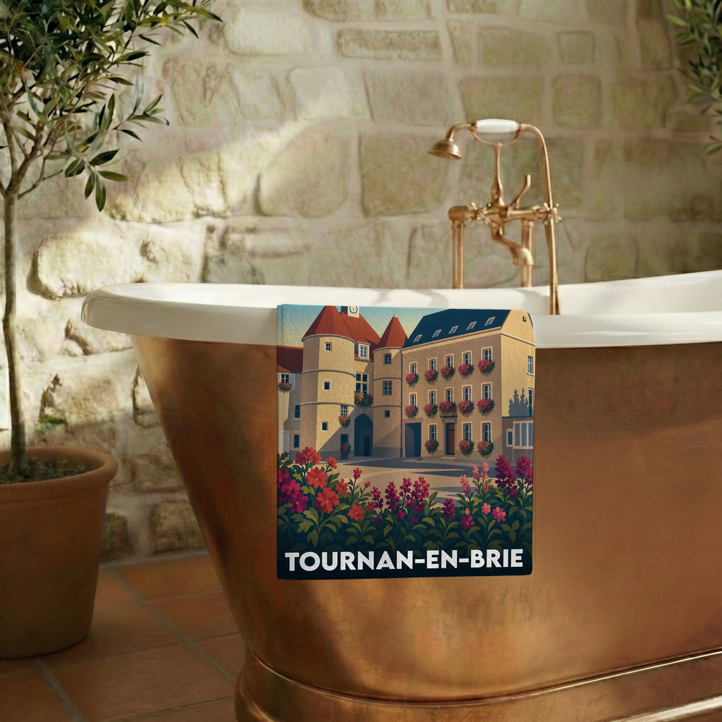 Serviette de bain souvenir de la ville de Tournan-en-Brie avec une illustration stylisée.