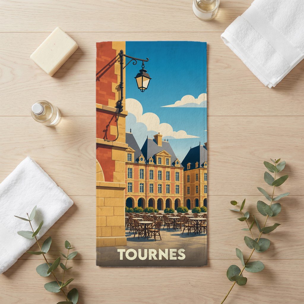 Serviette de bain souvenir de la ville de Tournes avec une illustration stylisée d'une place historique.