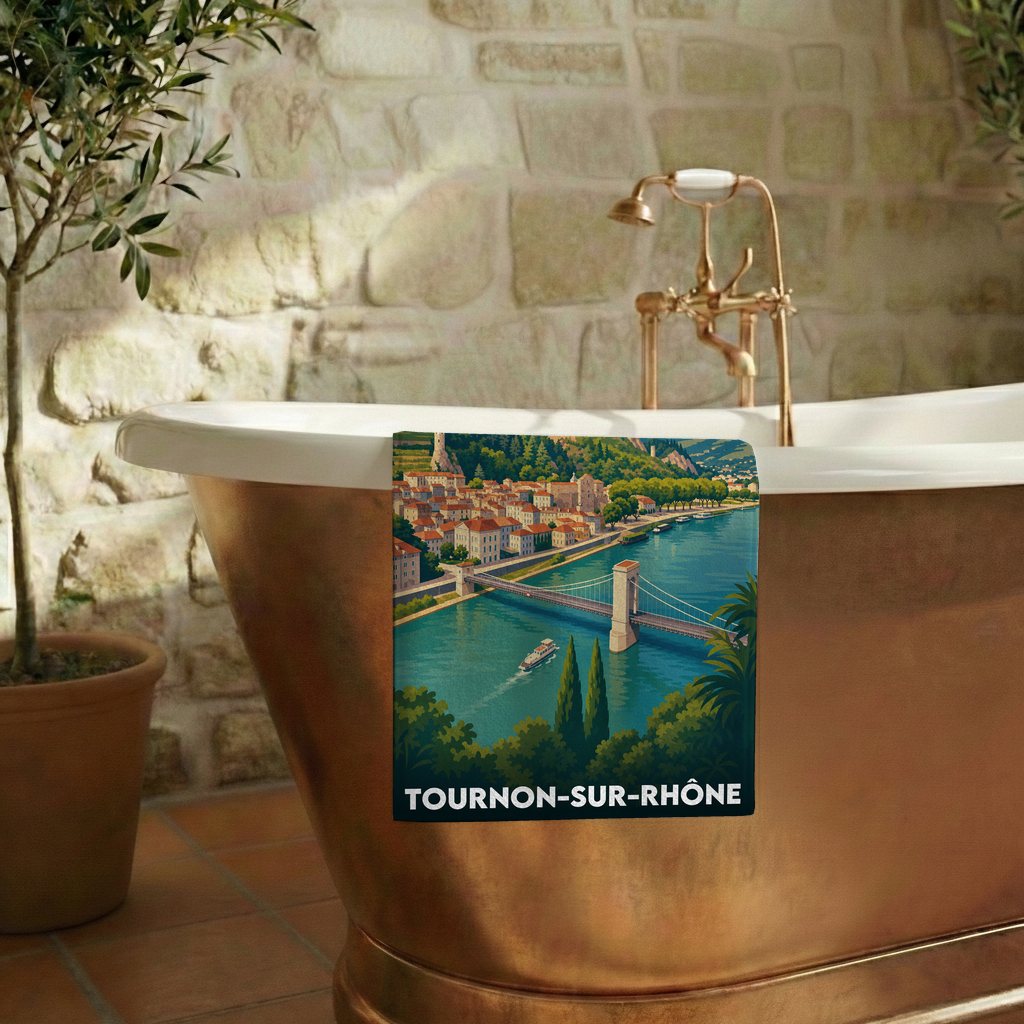 Serviette de bain souvenir de la ville de Tournon-sur-Rhône avec une illustration stylisée.