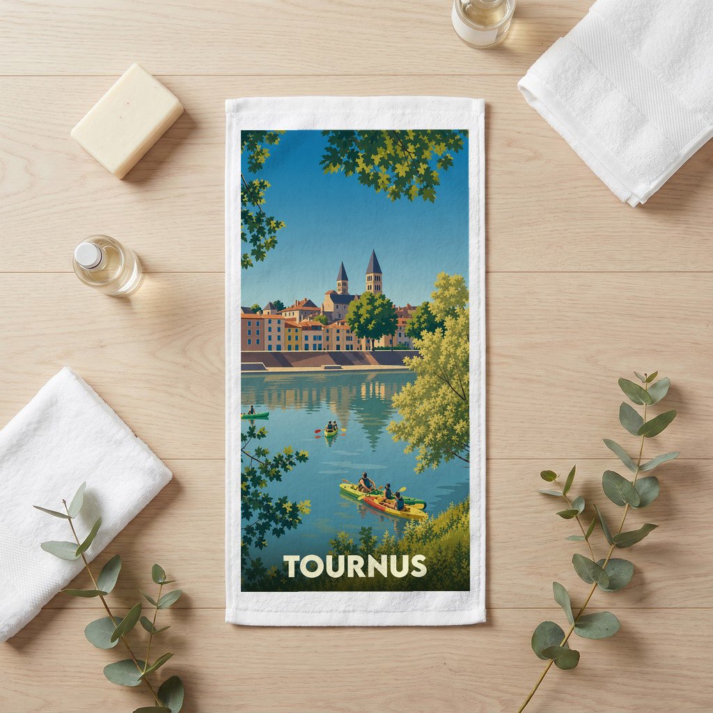 Serviette de bain souvenir de la ville de Tournus illustrée par une scène de canoë sur la Saône.