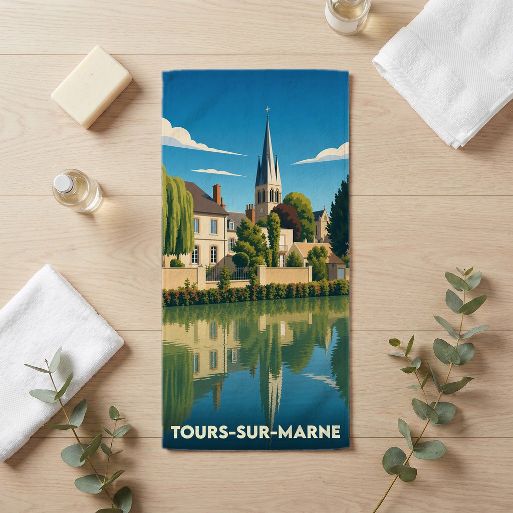 Serviette de bain souvenir de la ville de Tours-sur-Marne avec une illustration stylisée d'un paysage fluvial.